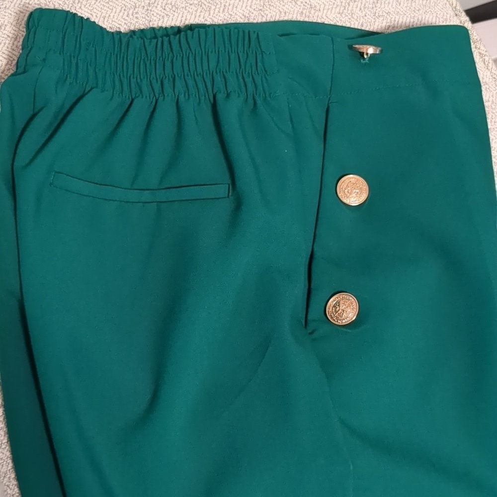 ZARA High Waisted Mariner Pants Forest Green Gold Button Trousers - S - Picture 9 of 11